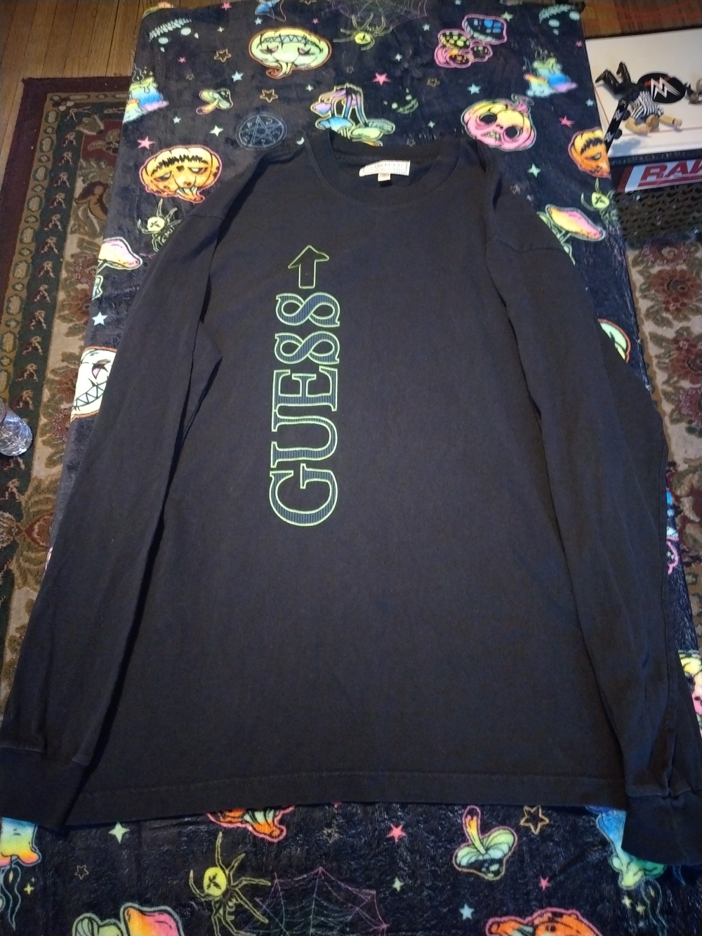 Vintage Guess Black Long Sleeve Tee with Neon Green Vertical Logo